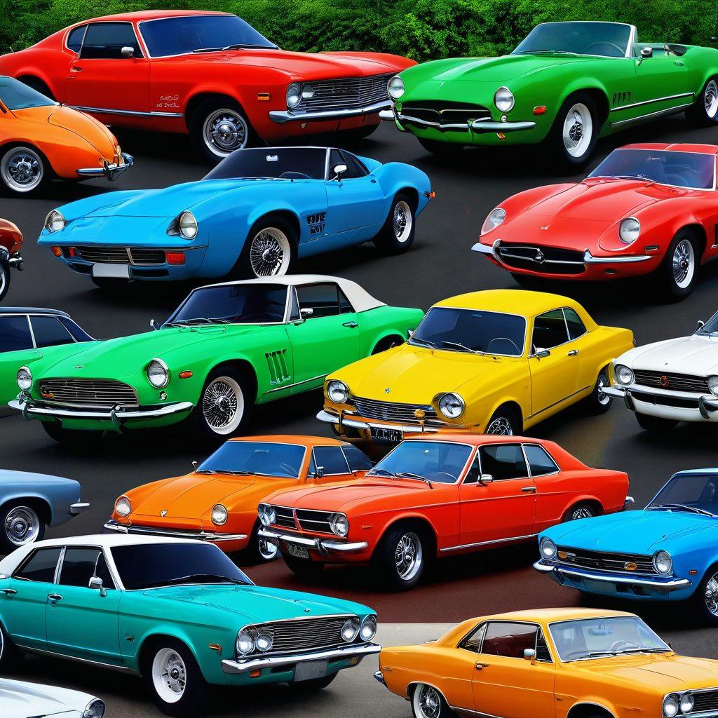 An intricately detailed digital collage showcasing a diverse range of cars from classic to modern, surrounded by tools for appraisal like magnifying glasses and price tags. Include a road with vibrant landscapes in the background and smart technology elements like tablets and graphs to represent market trends. Emphasize a bright, inviting color palette to engage viewers. 3D. vibrant colors. seamless blend of styles.