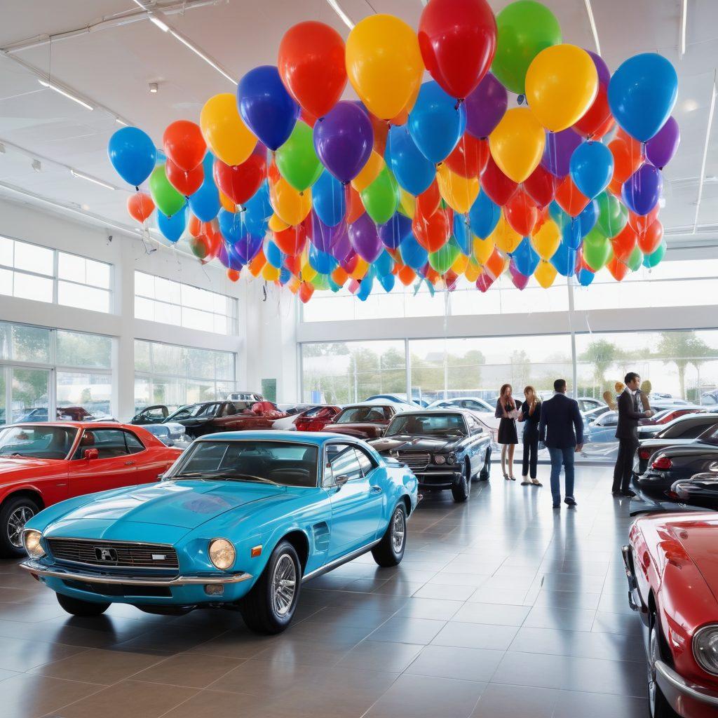 A dynamic scene depicting a diverse group of car shoppers engaging with sales professionals at a vibrant dealership filled with both new and used vehicles. Showcase a mix of modern cars and classic models, emphasizing the excitement of car shopping with informative signage and friendly conversations. Use bright colors to create an inviting atmosphere. digital illustration. vibrant colors. 3D.