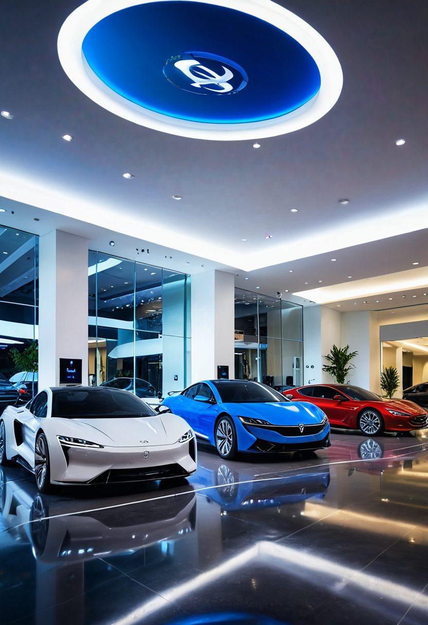 A sleek, futuristic car showroom filled with diverse vehicles on display, including electric, sports, and classic cars. Enthusiastic buyers examining features, with a large digital screen showcasing statistics and analysis tools. A warm, inviting atmosphere with bright lighting and modern design elements. Illustration style: digital painting with vibrant colors and detailed textures.